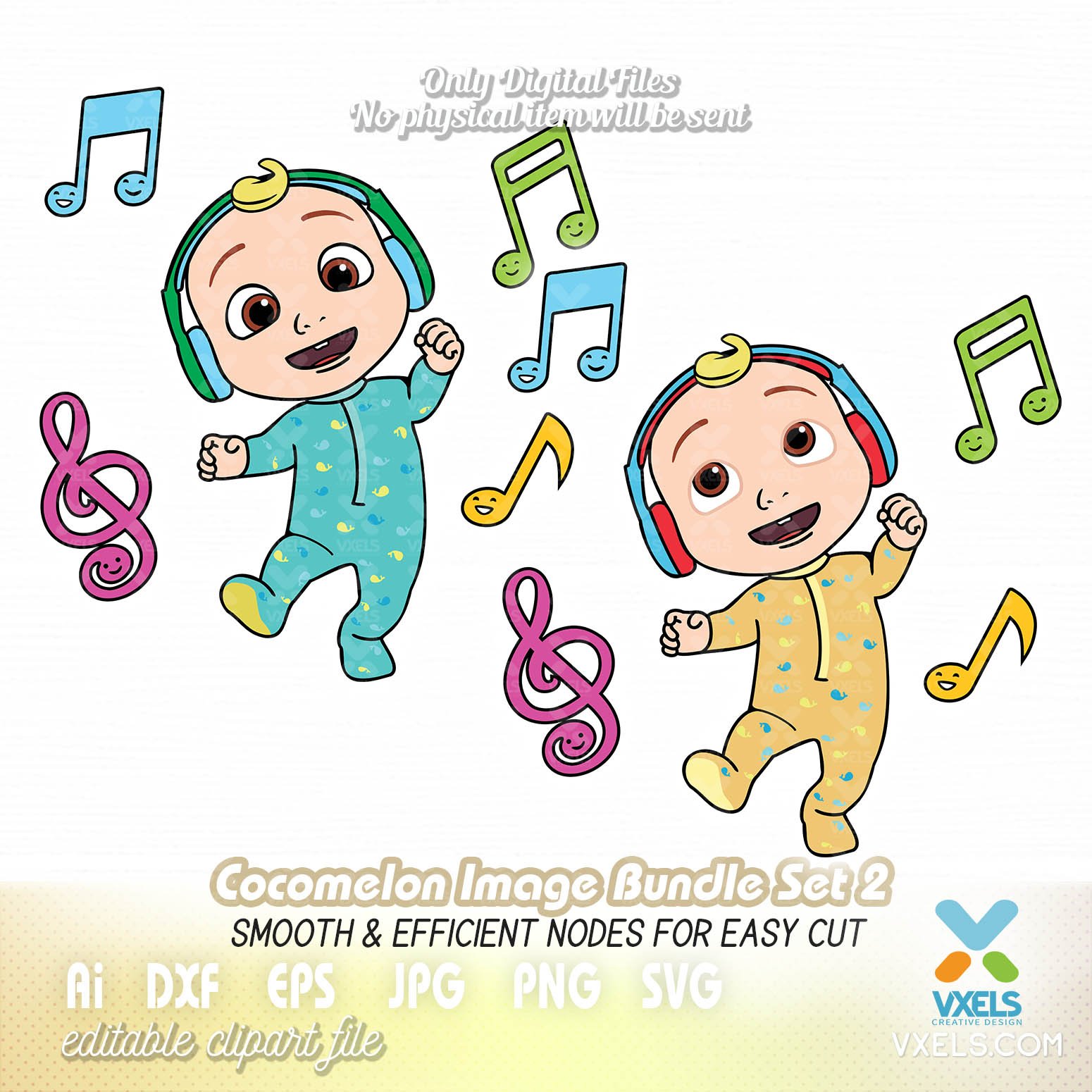 Download Cocomelon Baby SVG Dancing with Headphone and Music Nodes Vector